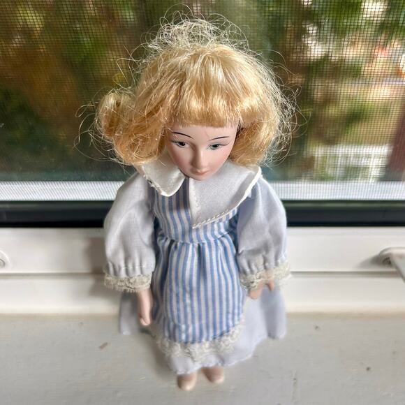 Vintage Porcelain Doll in Blue and White Dress – 8” Tall - Picture 2 of 14